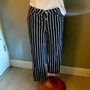 5 pocket blue/white stripe denim. 5 button front. Raw bottom or can be rolled